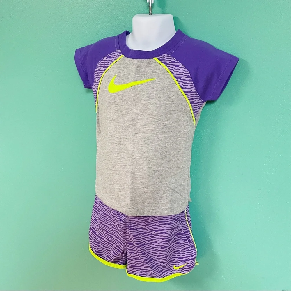 Nike Gray Purple & Neon 2-Piece Activewear Top & Shorts Set Girls Size 4